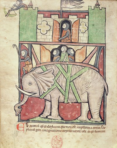 Ms 22 f.26v Olifant die een howdah vol soldaten draagt, uit de Westminster Abbey Bestiary, ca. 1270-90 door English School